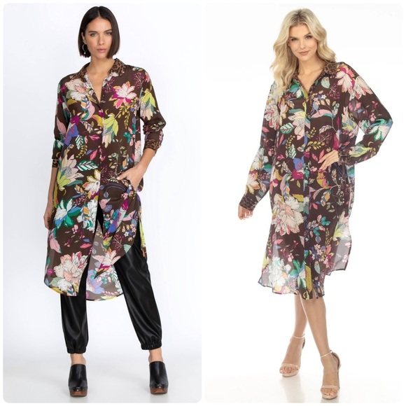Johnny Was Tops - New! Johnny Was Arabella Relaxed Overshirt Tunic Leopard Floral Silk Dress 🤎 S